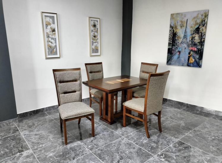 Comedor argentina de 4 chapa ocume y parota salvaje color nogal, tapiz cantela oreo