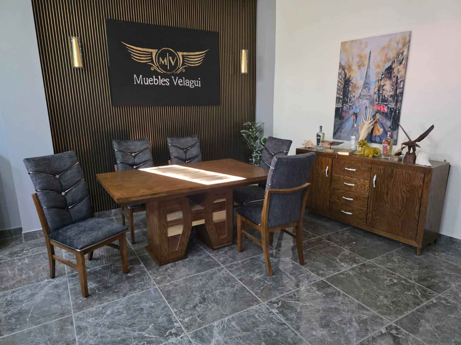 MESA GOLDEN DE 6, CHAPA DE ENCINO, COLOR NOGAL 