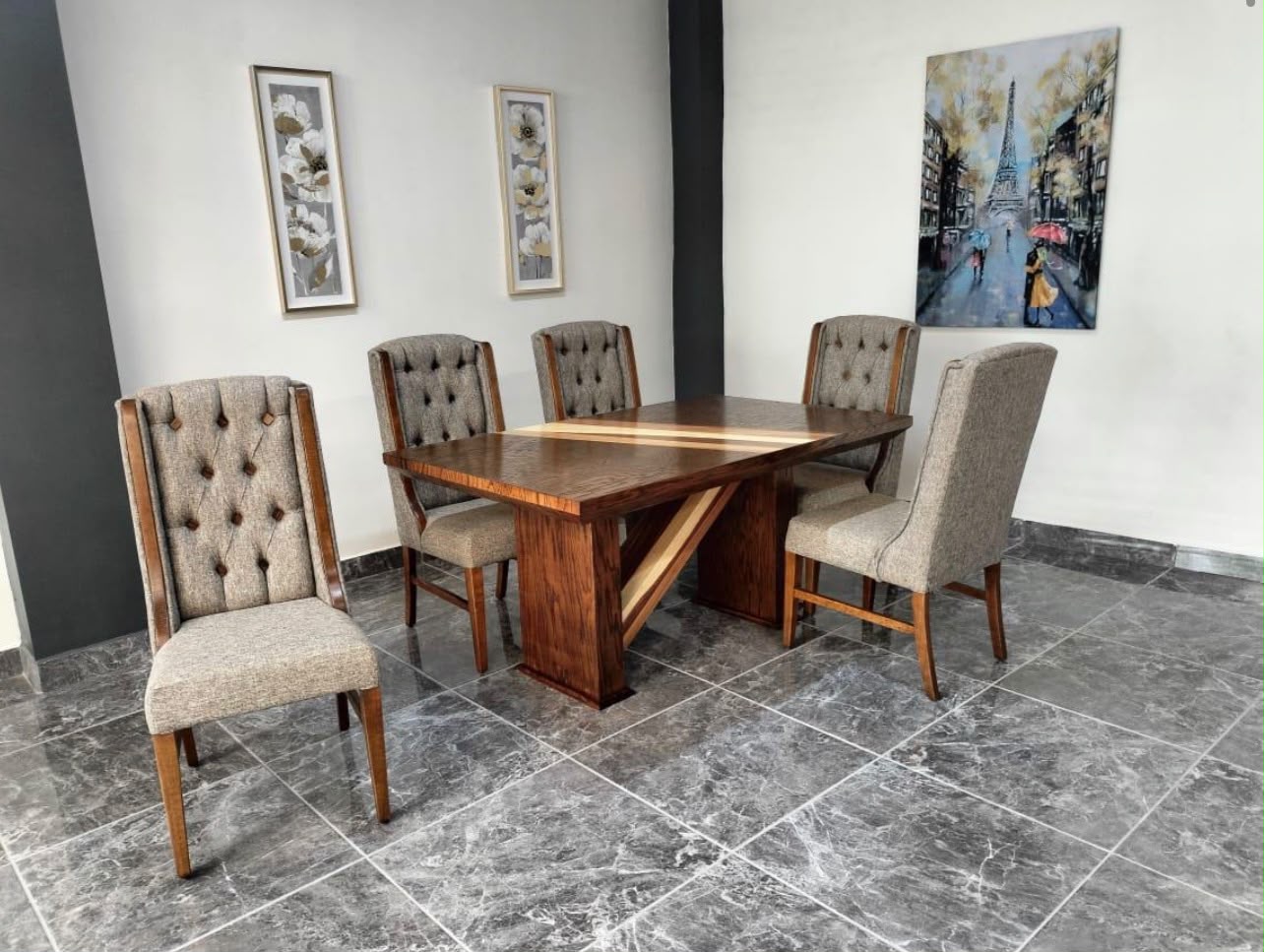 MESA PRINCESA DE 6, CHAPA ENCINO Y PAROTA SALVAJE , COLOR NOGAL 