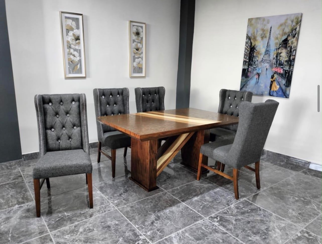 MESA PRINCESA DE 6, CHAPA ENCINO Y PAROTA SALVAJE , COLOR NOGAL 