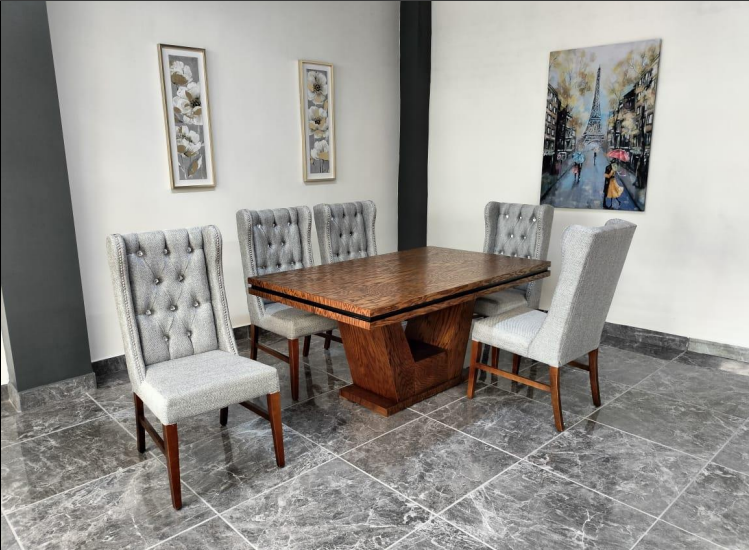 Mesa toledo de 6 chapa encino colornogal con silla princesa, tapiz cantela platino