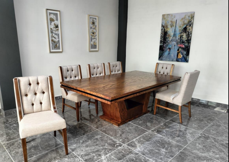 Comedor toledo de 6 chapa encind color nogal, tapiz cantela cream